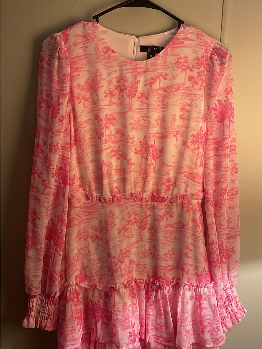 Aqua Pink and White Toile-Print Long Sleeve Dress